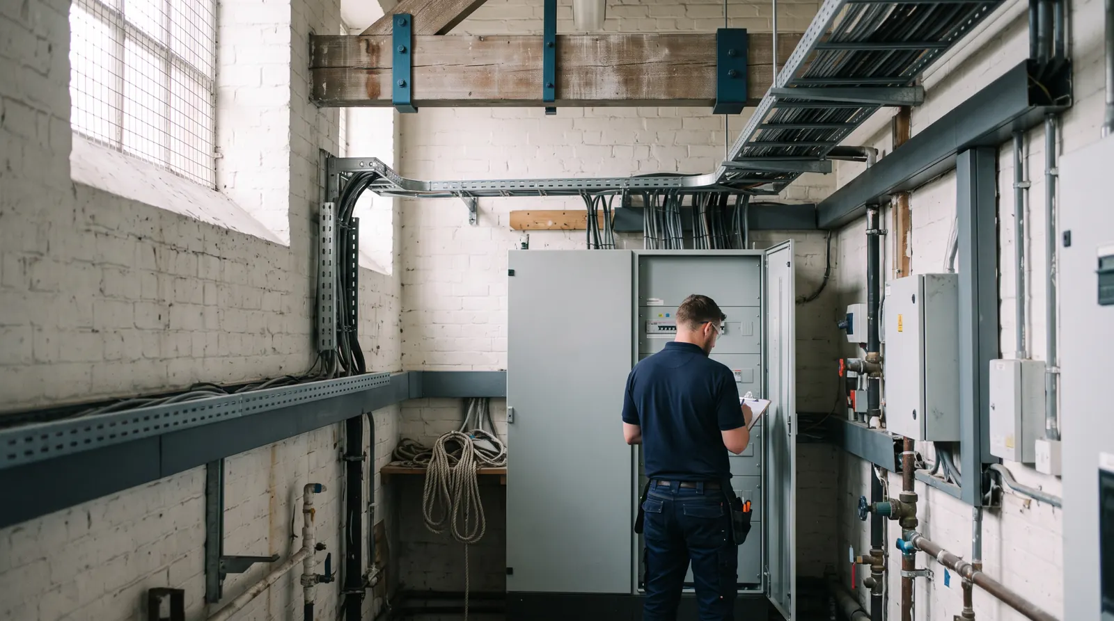 Three-phase distribution board in a commercial plant room