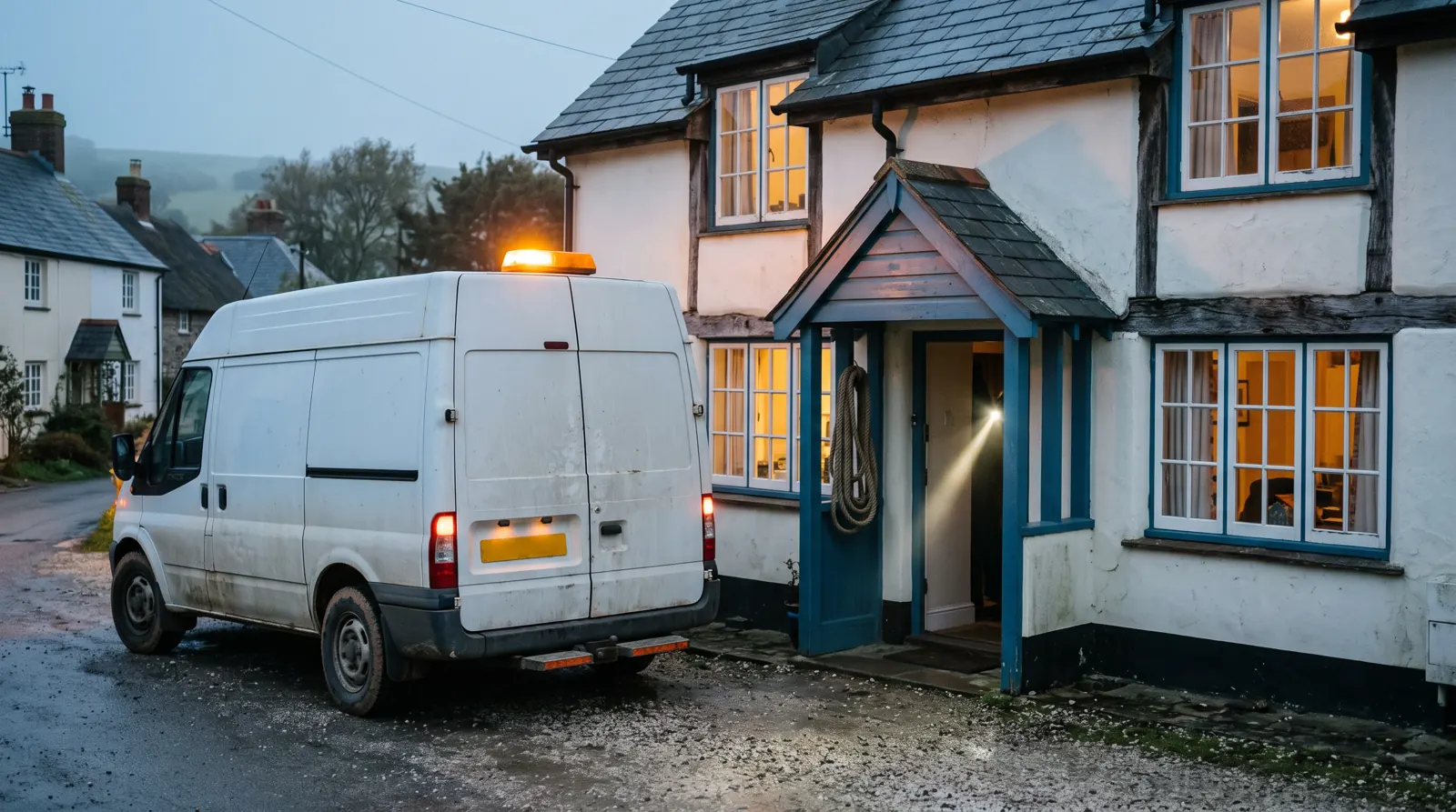 Electrician's van with amber beacon outside a house at dusk